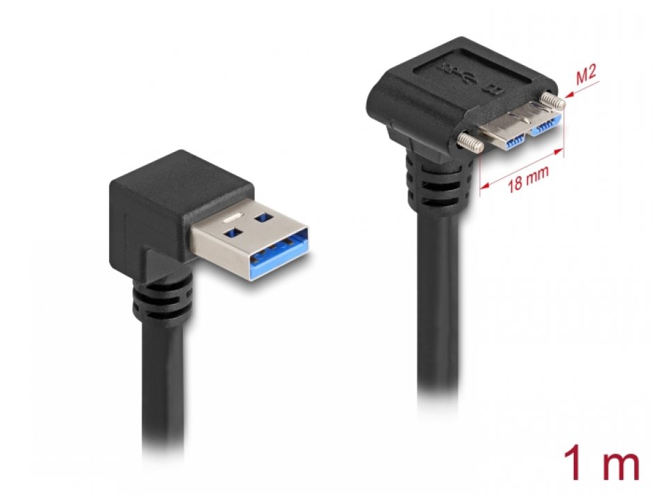Imagine Cablu USB 3.2-A la micro USB unghi 90 grade jos + suruburi T-T 1m, Delock 80482